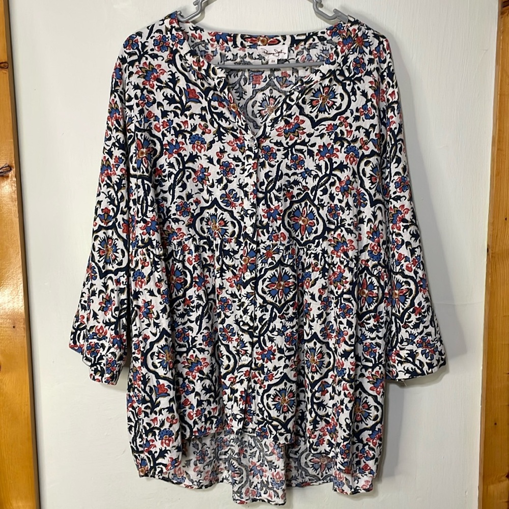 Panama Jack Linen Blend Floral Block Print Top 2x